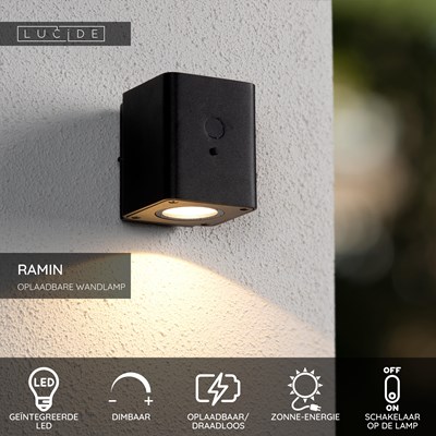Lucide RAMIN - Wandlamp - Zonne-energie - LED Dimb. - 1x1W 2700K/3000K - IP54 - Beweging & dag/nacht sensor - Zwart